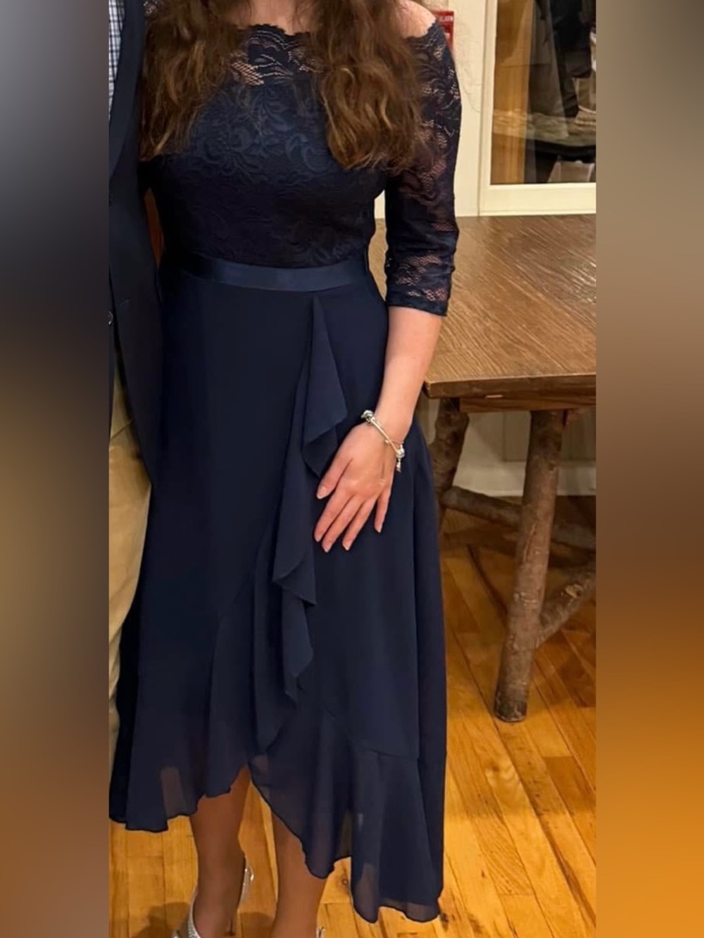 Navy Lace Dress with Sheer Sleeves